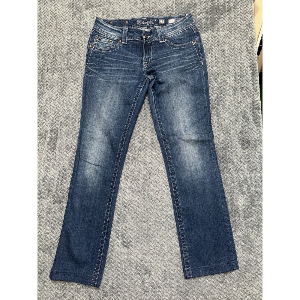 Miss Me Womens Straight Leg Jeans Medium Wash Embroidered Studded Mid Rise Sz 29
